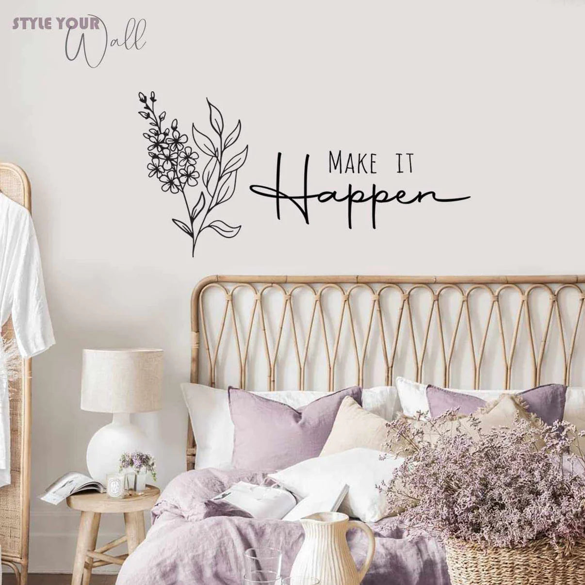Decorative wall decal with floral design and text 'Make It Happen' in a bedroom setting.