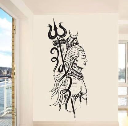Wall decal of a religious figure with a trident on a white wall.