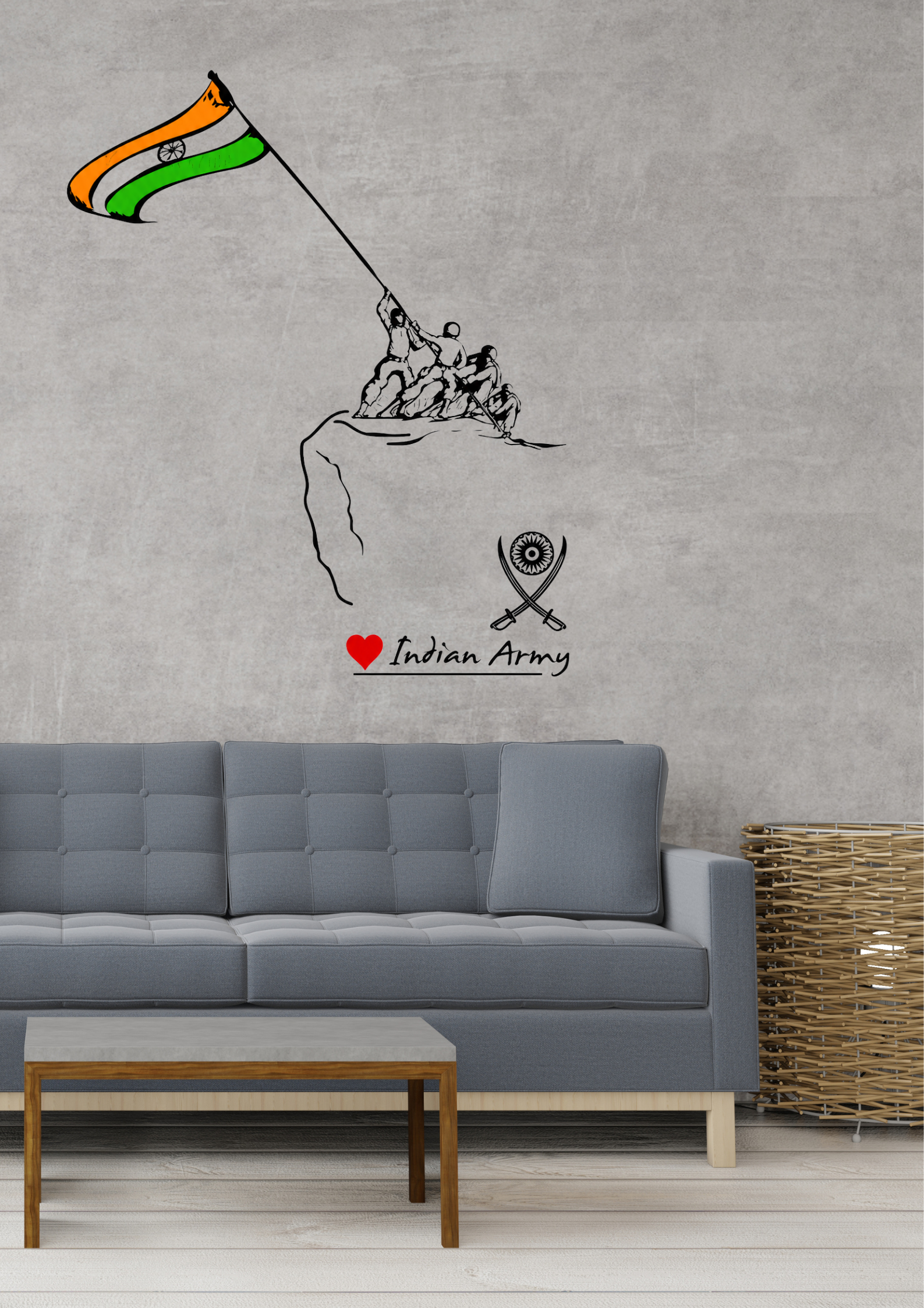 Wall decal of Indian flag and soldiers on a gray wall above a gray sofa.