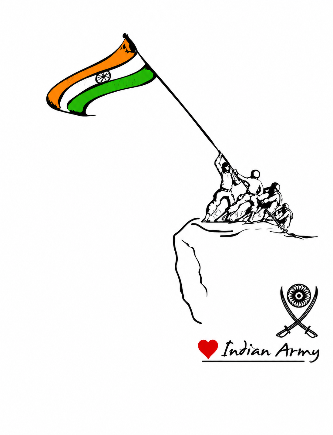 Illustration of soldiers raising the Indian flag with 'Indian Army' text on a white background
