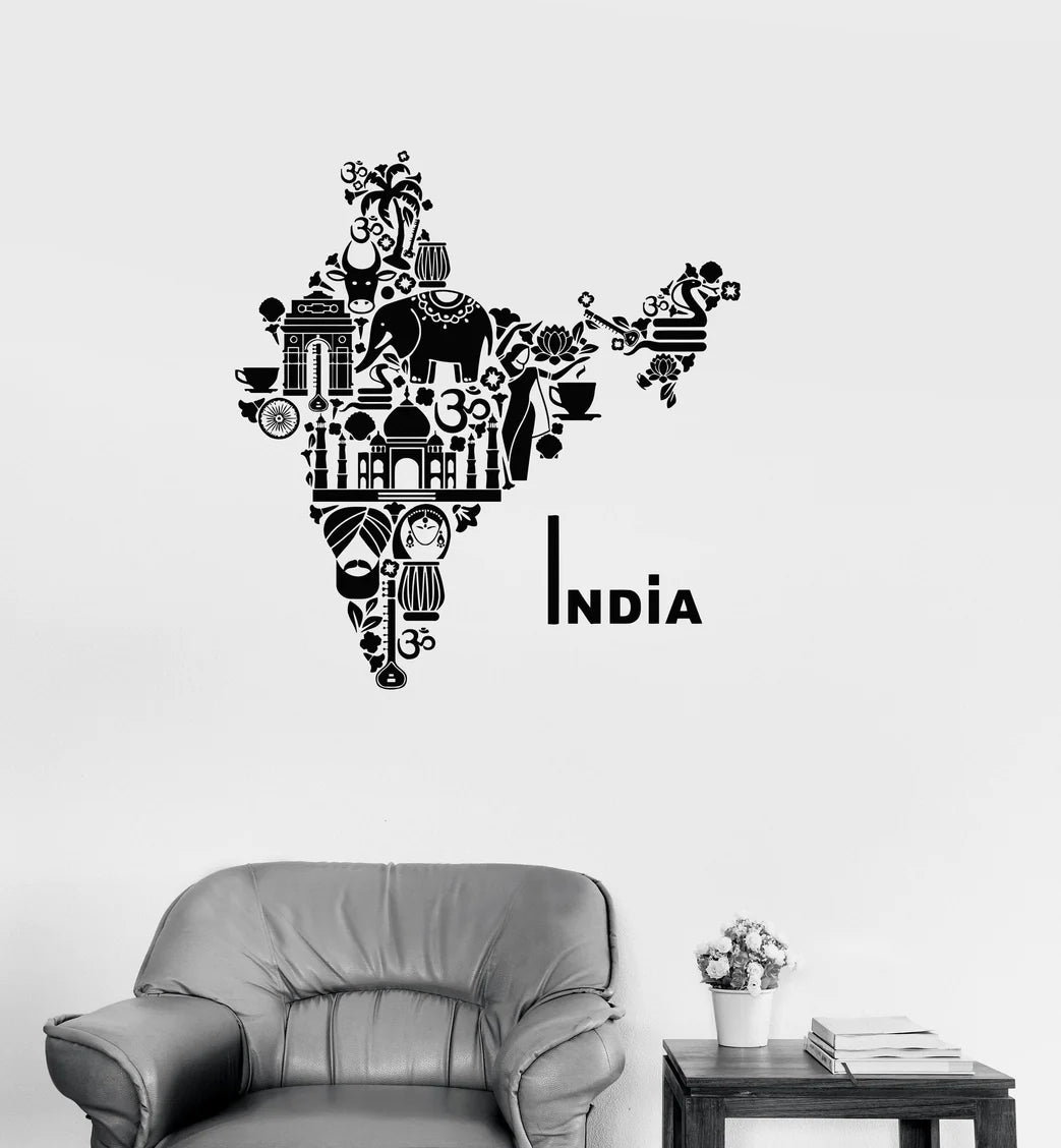 Wall decal of a stylized map of India with various symbols on a white wall.