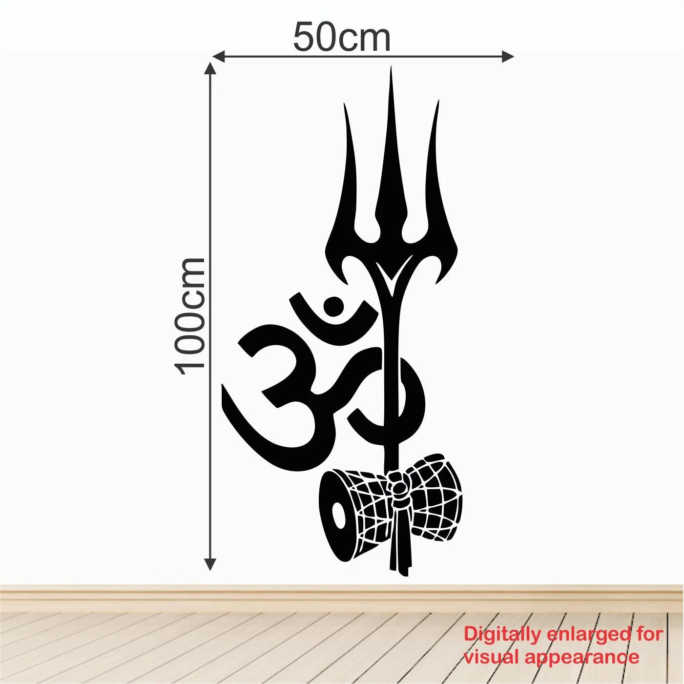 Black trident with Om symbol on a white background, dimensions indicated.