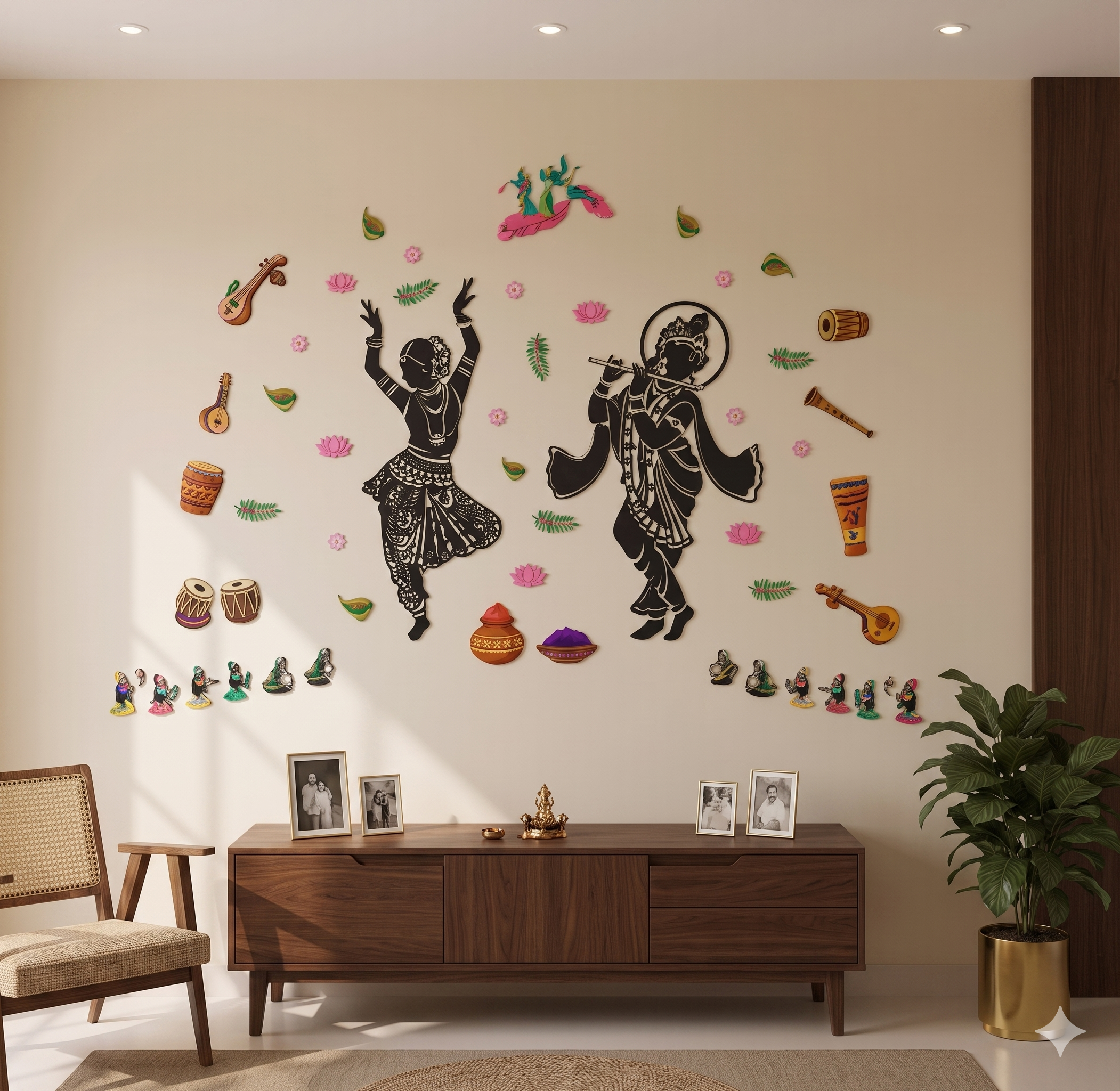 Decorative wall stickers of dancers and musical instruments on a beige wall with a wooden cabinet and chair.