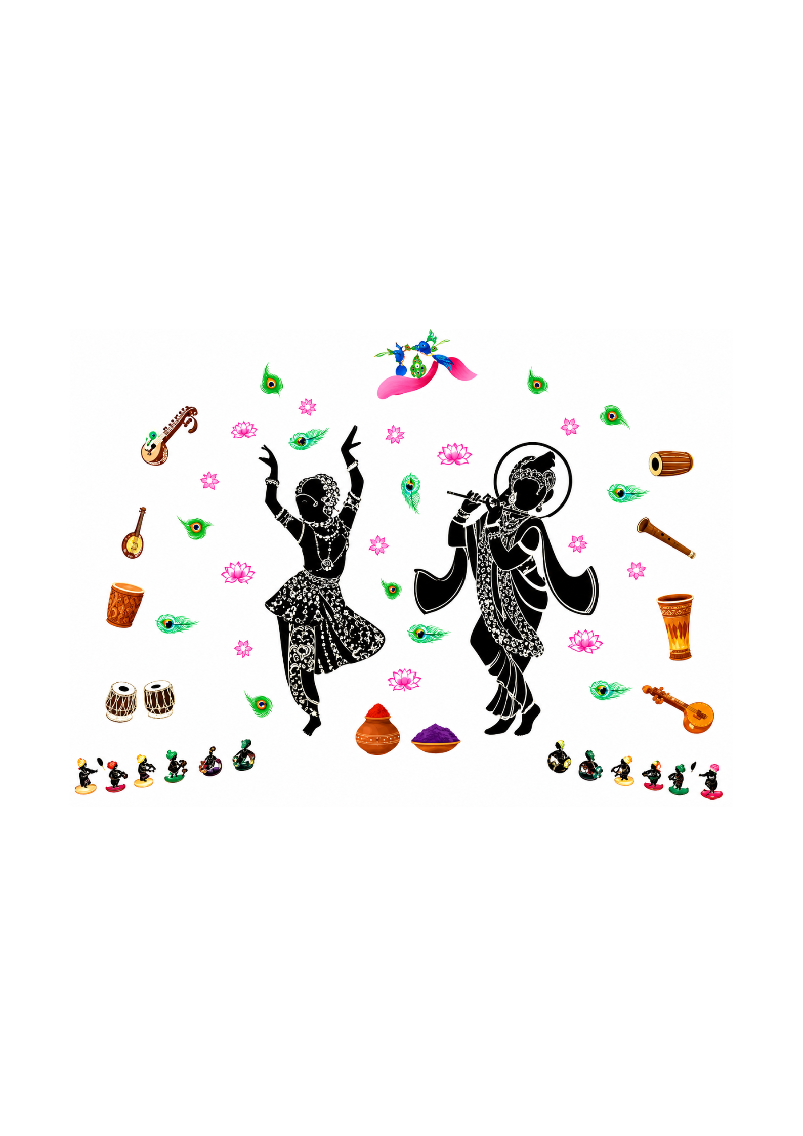 Illustration of two dancers surrounded by colorful instruments on a white background