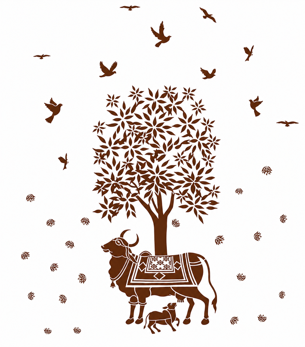 Decorative illustration of a tree with a bull and calf, surrounded by birds and flowers on a white background.