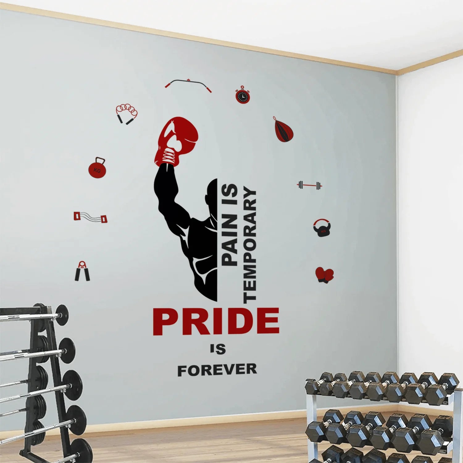 Gym interior with motivational wall Sticker and fitness equipment.