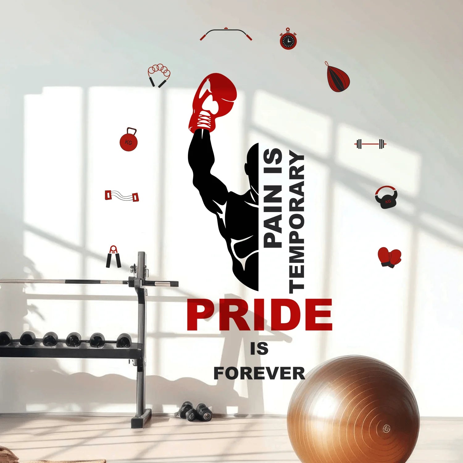 Gym interior with motivational quote 'Pain is temporary, Pride is forever' on the wall.