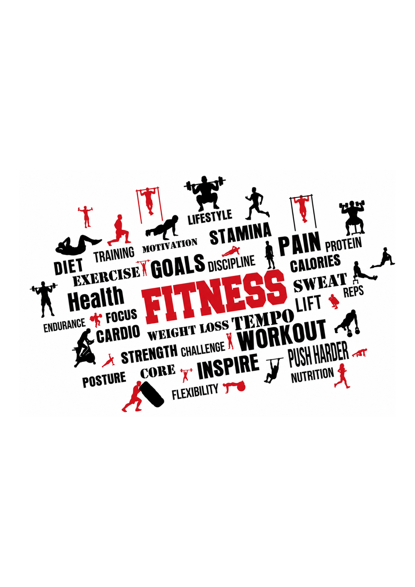 Fitness-themed graphic with various fitness-related words and icons on a white background