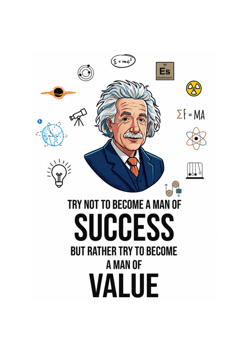 Albert Eistein surrounded by scientific symbols and a quote about becoming a man of value.