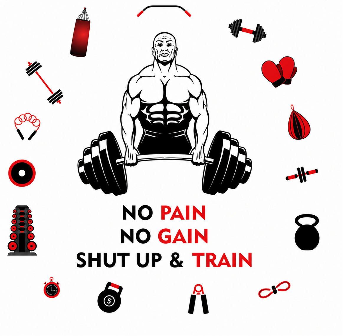 Muscular figure lifting weights with fitness equipment icons and motivational text on a white background