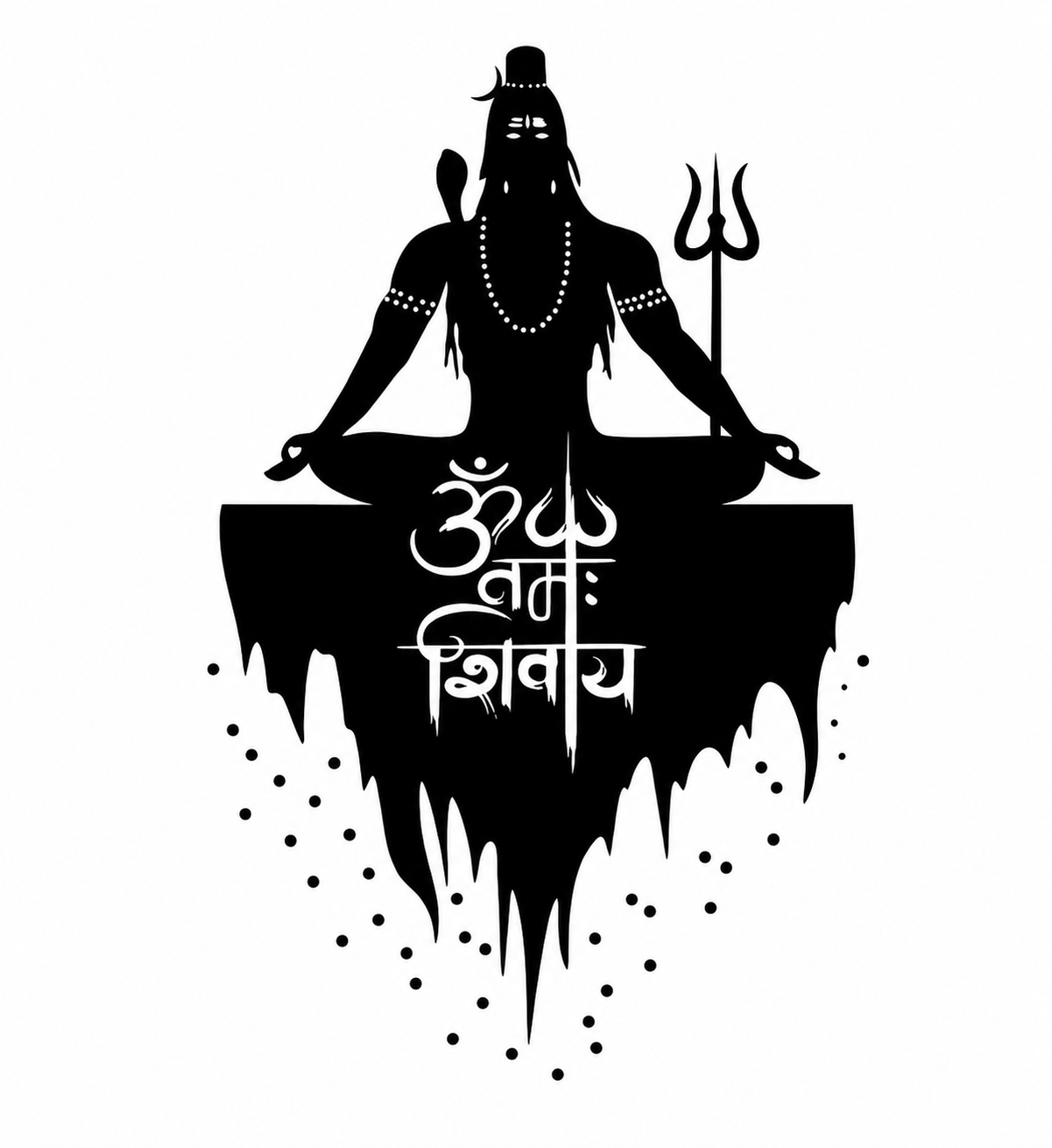 Black silhouette of a seated Shiva with a trident and 'Om Namah Shivaya' text on a white background