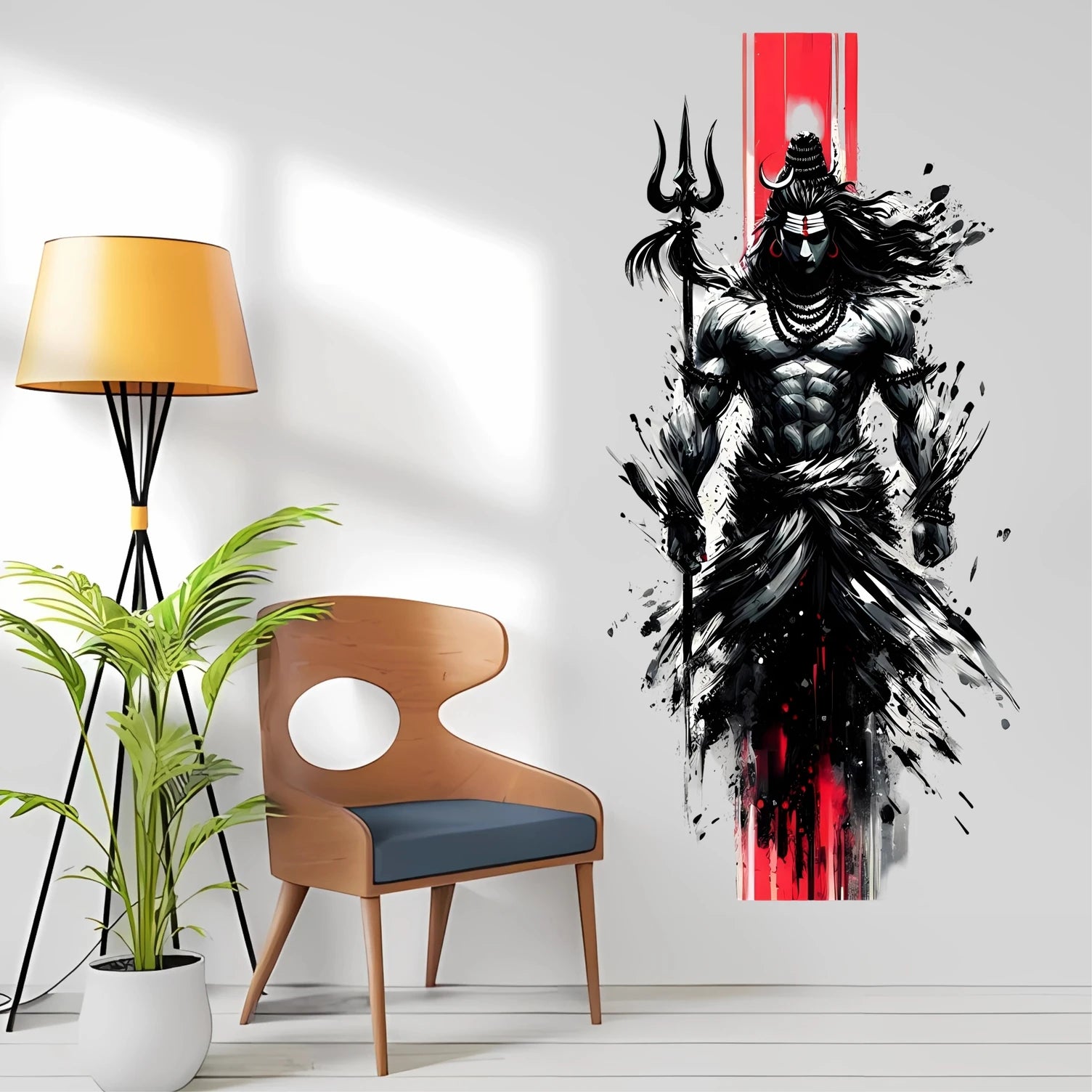 Wall decal of Shiva with a trident in a modern living room.