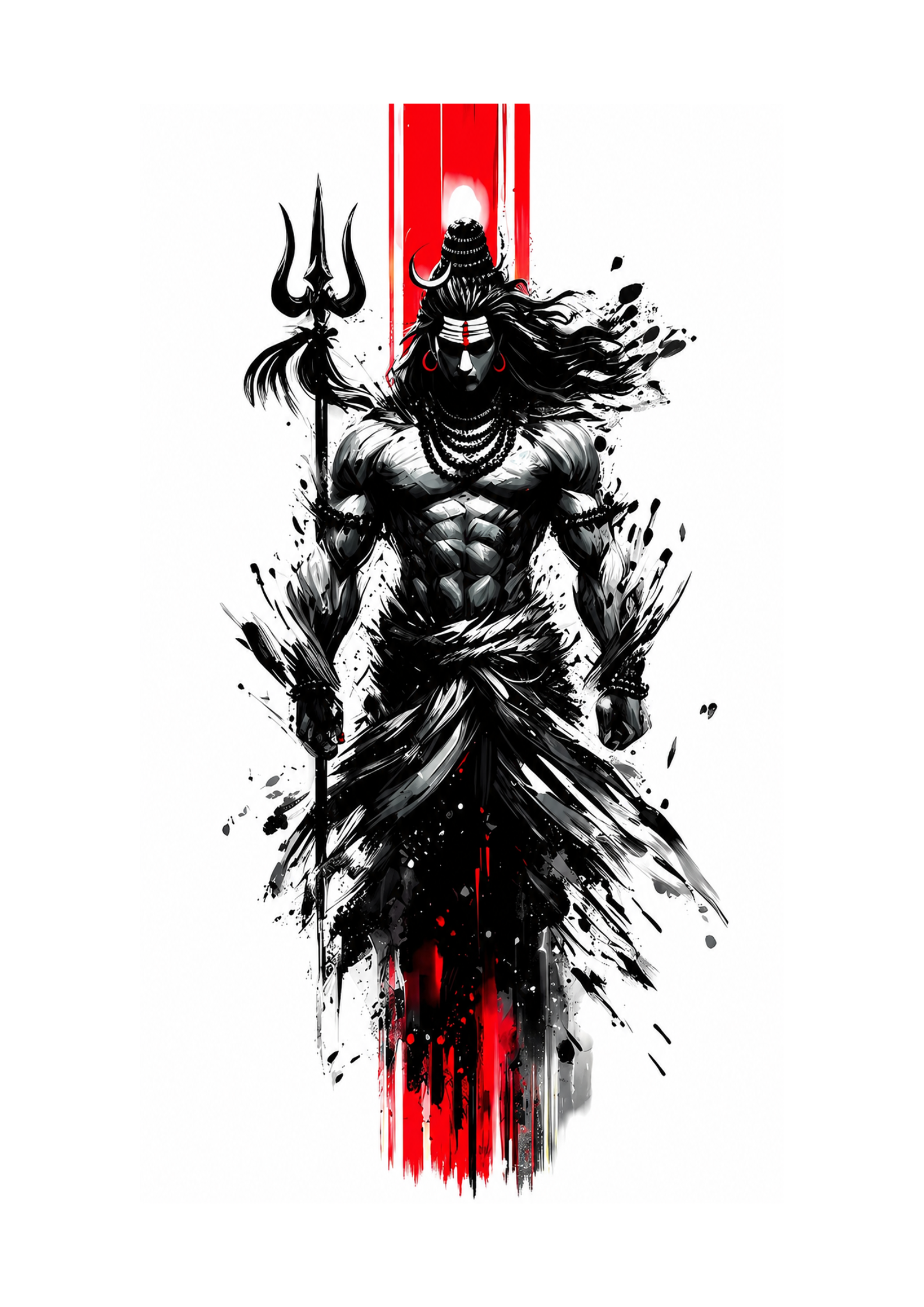 Stylized illustration of Shiva with a trident on a white background