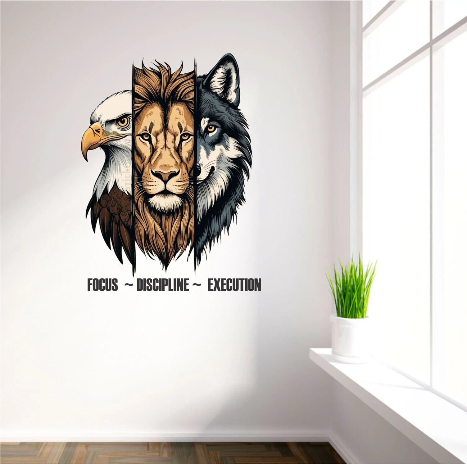 Wall decal of a lion, eagle, and wolf with 'Focus ~ Discipline ~ Execution' text on a wall.