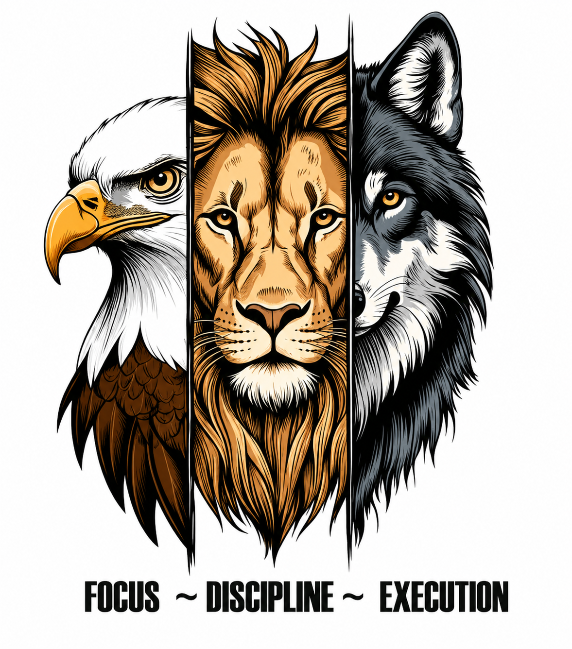 Three animals (eagle, lion, wolf) with 'Focus ~ Discipline ~ Execution' text on a white background