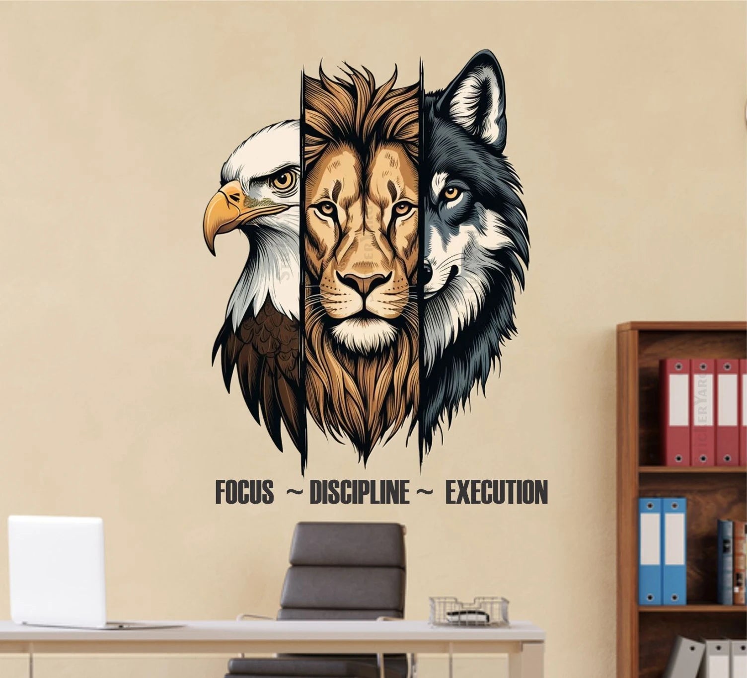 Wall decal of a lion, eagle, and wolf with motivational text in an office setting.