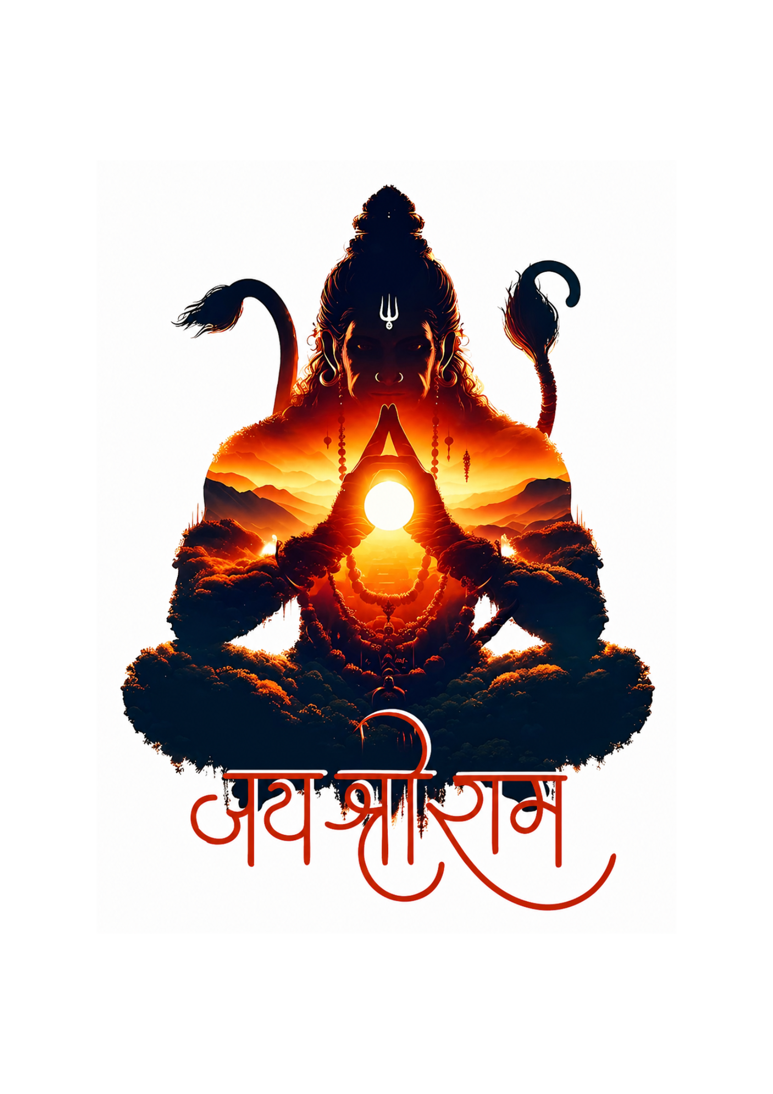 Silhouette of Hanuman with a bright light at the center on a white background
