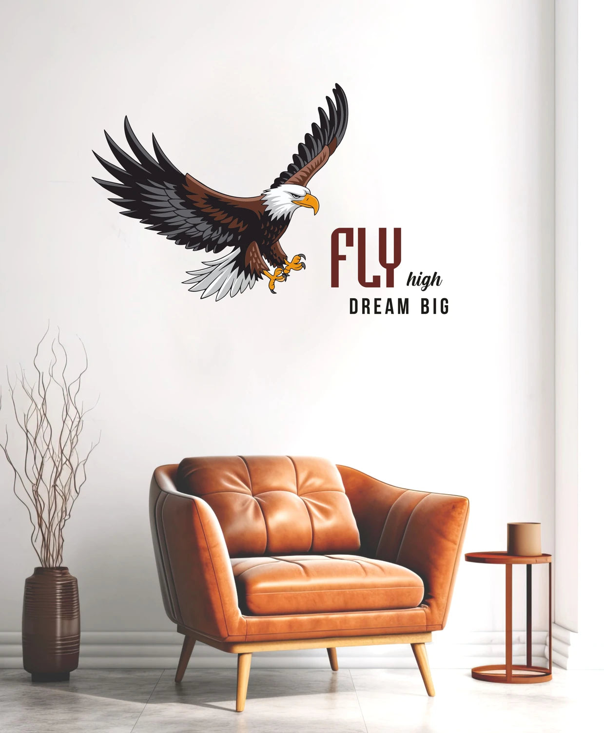 Brown leather armchair in a room with an eagle wall decal and motivational text.
