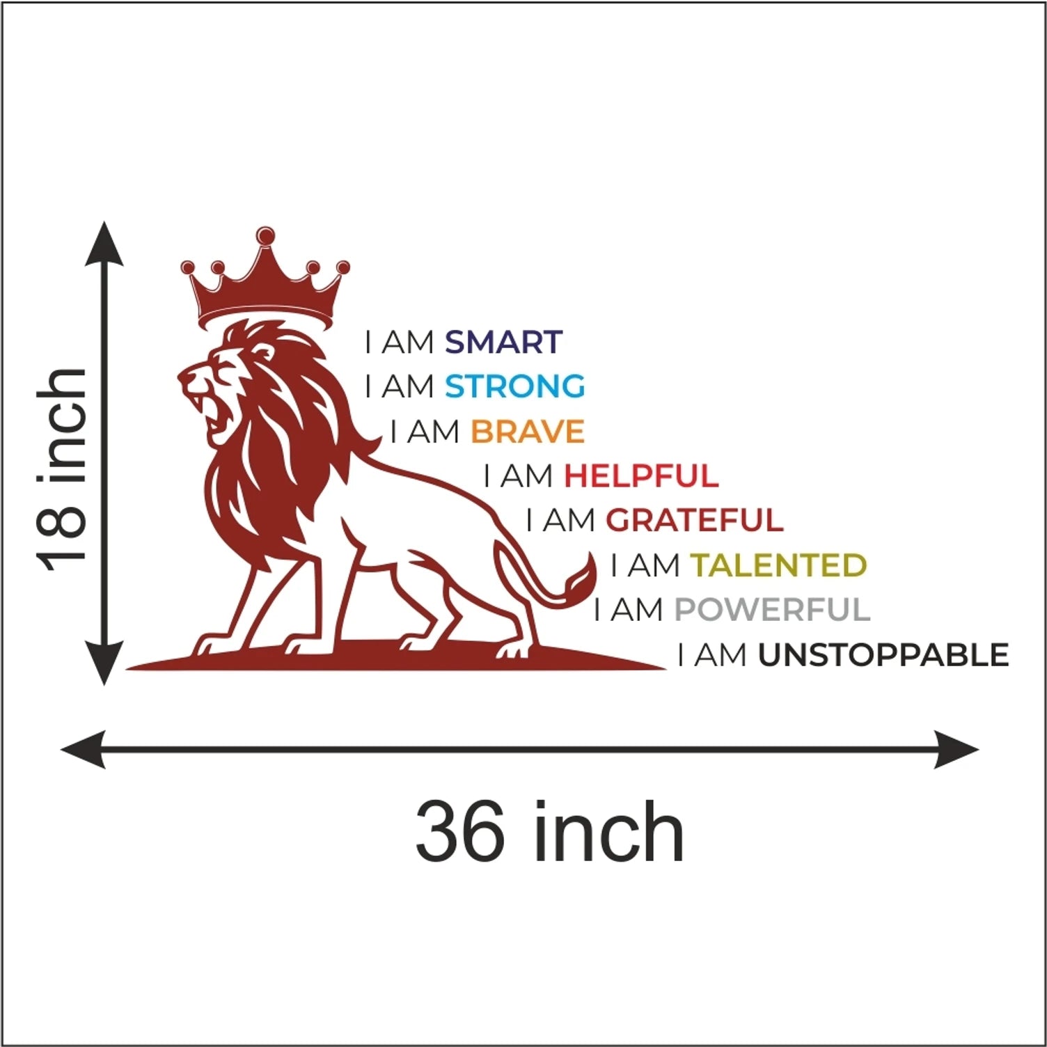 Lion with a crown and motivational phrases with dimensions on a white background