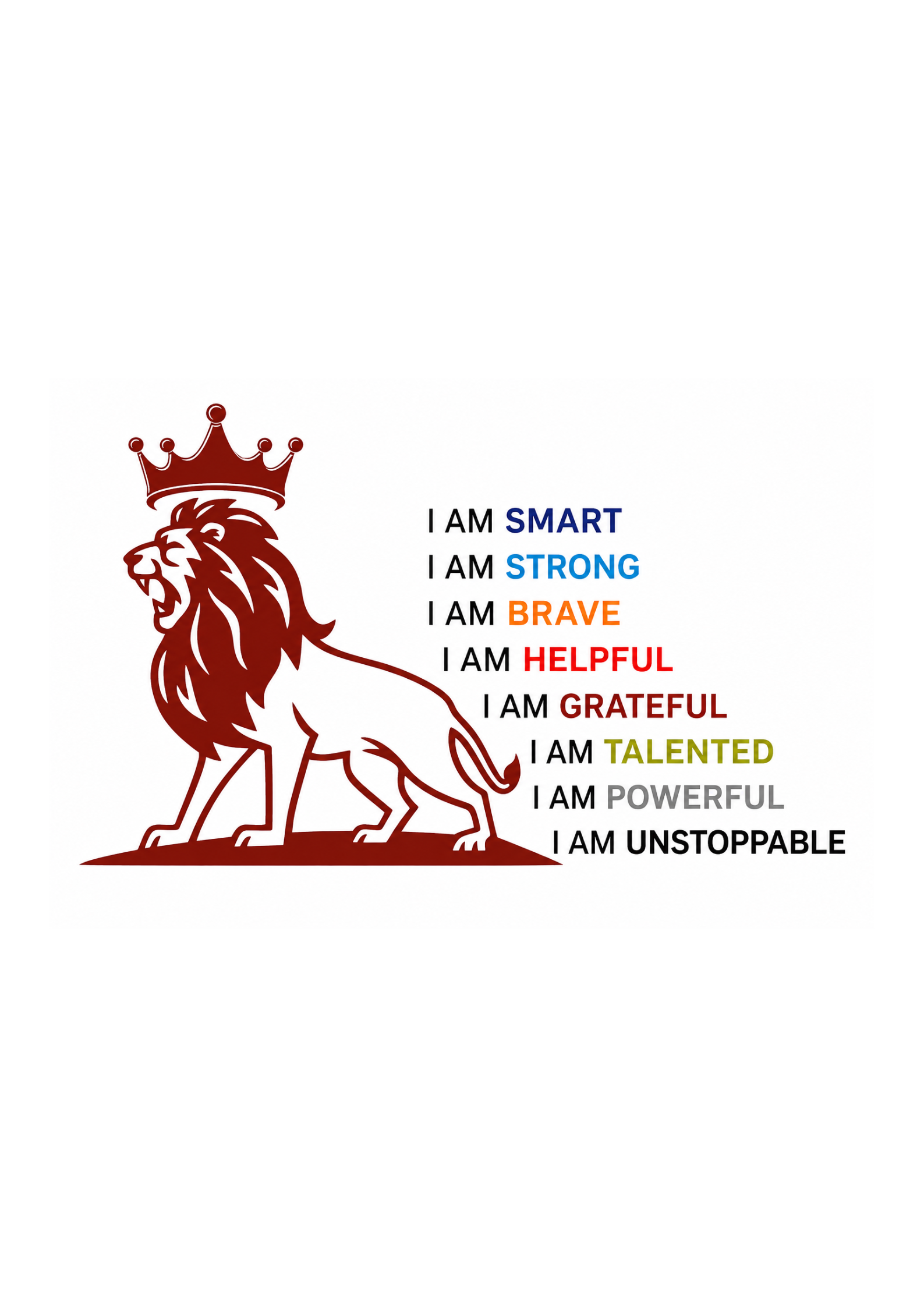 Lion with a crown and motivational phrases on a white background