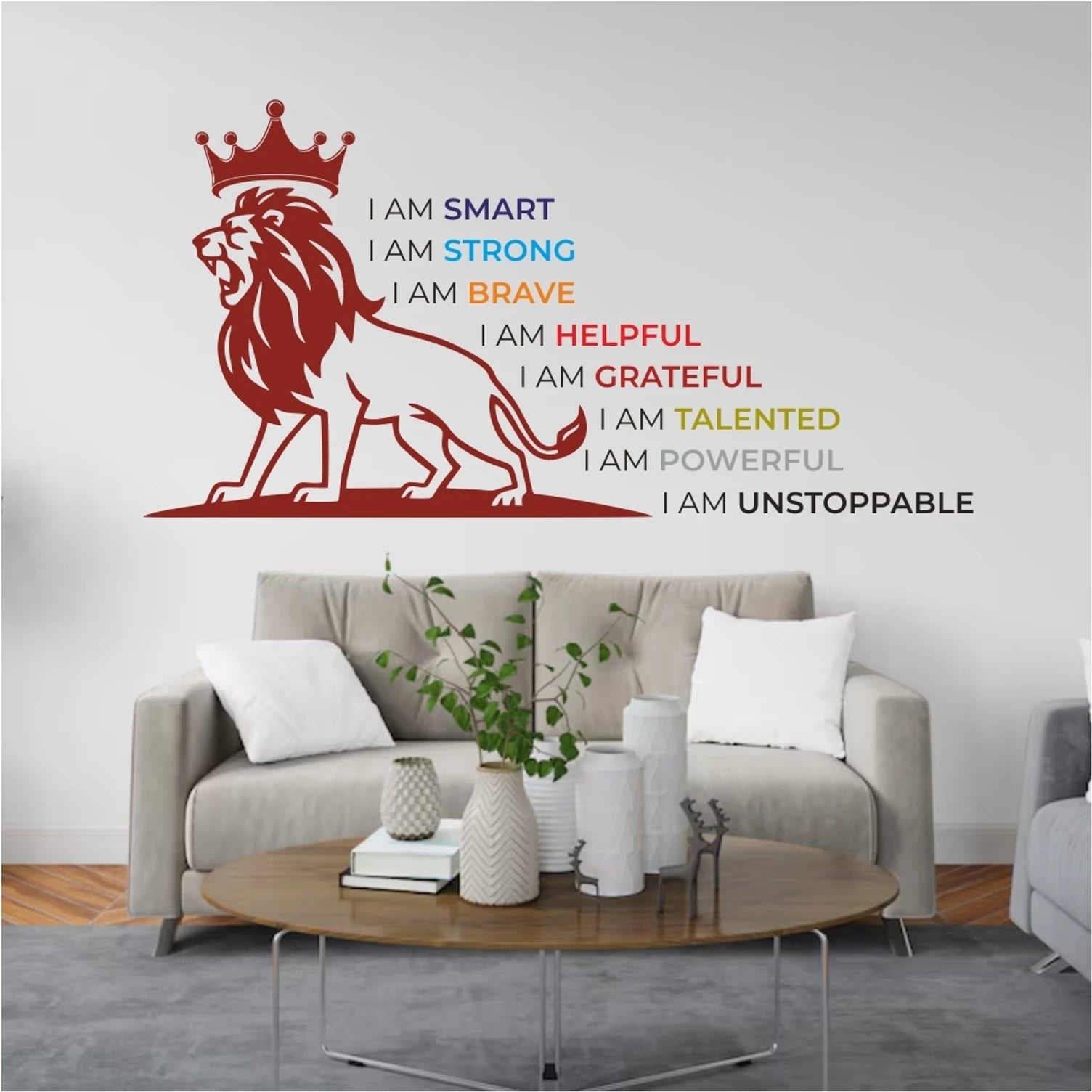 Living room with a lion wall decal and motivational phrases