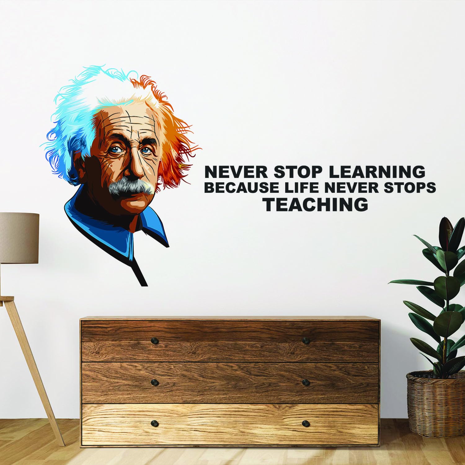 Wall decal of a colorful Einstein head with a motivational quote on a wall above a wooden cabinet.