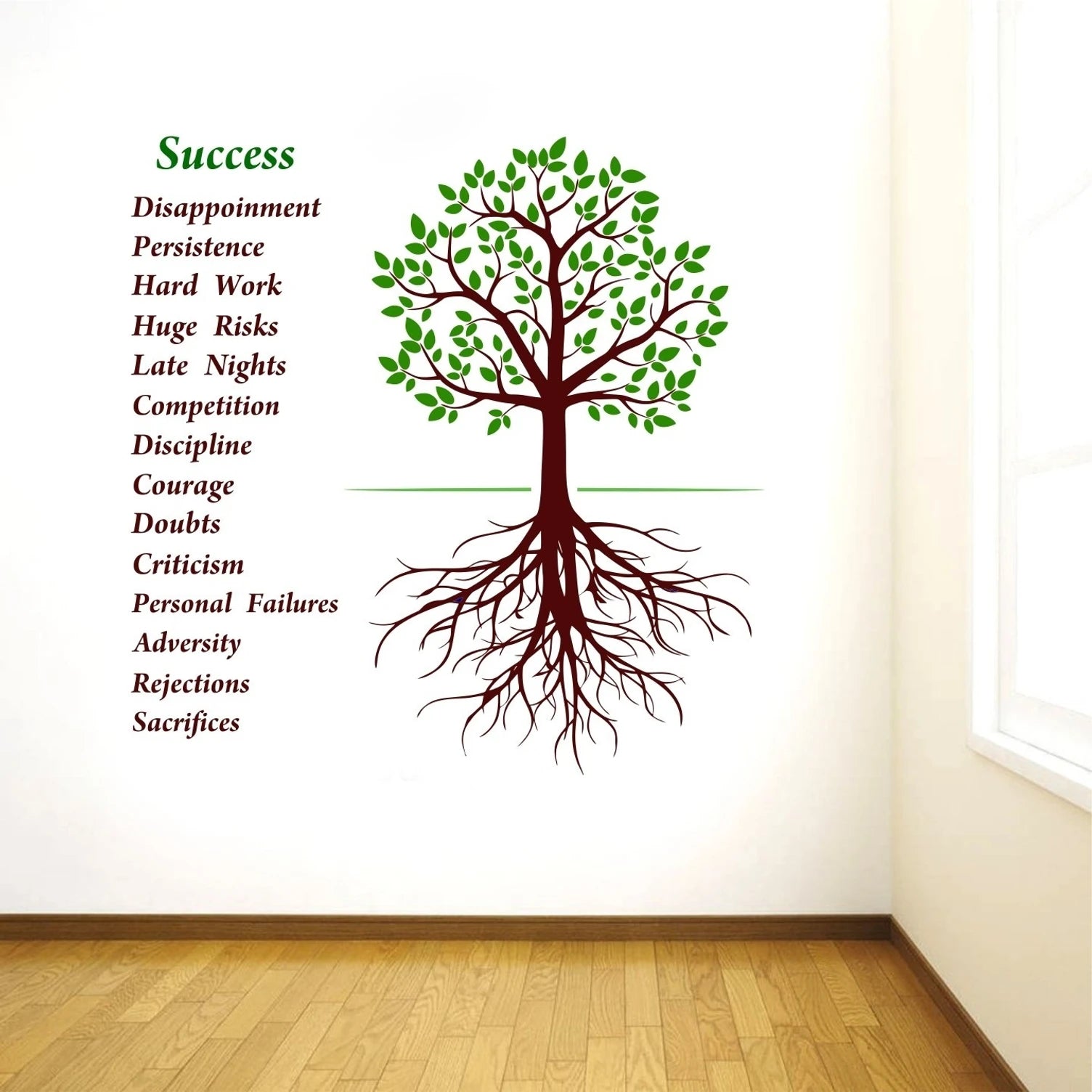 Wall decal of a tree with motivational words on a white wall.