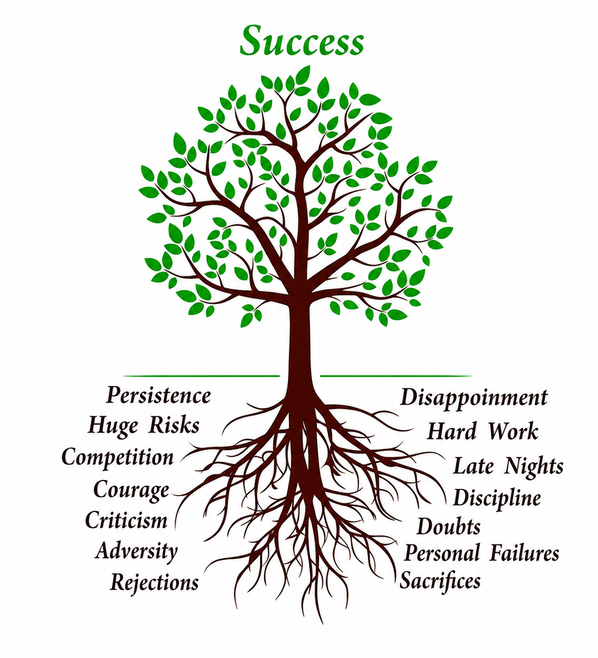 Tree diagram with success as the top branch, labeled with factors contributing to success.
