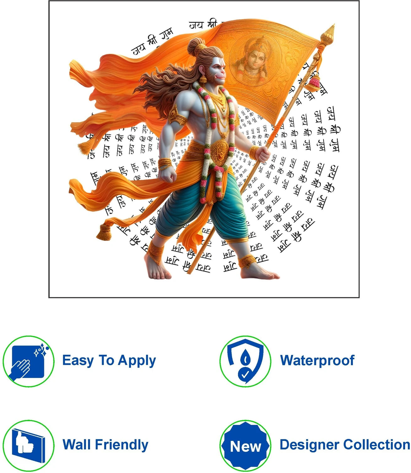 Illustration of Hanuman character with a flag on a white background, featuring text and symbols.