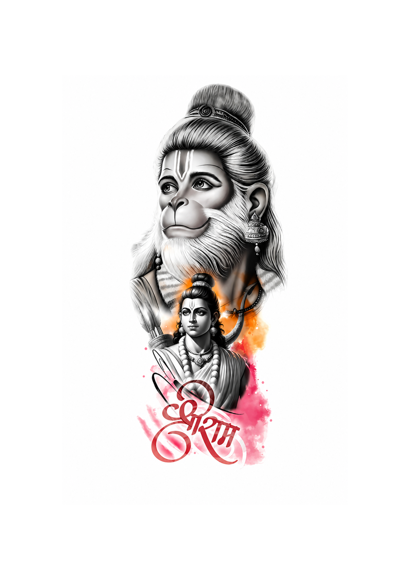 Artistic depiction of Hanuman and Ram with colorful accents on a white background