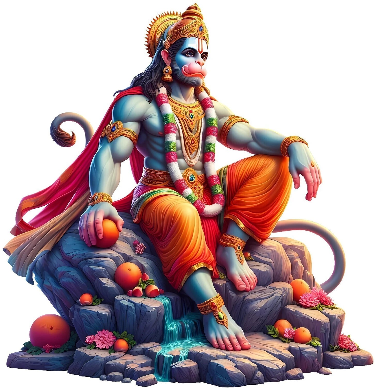 Colorful depiction of Hanuman sitting on a rock with fruits and flowers.