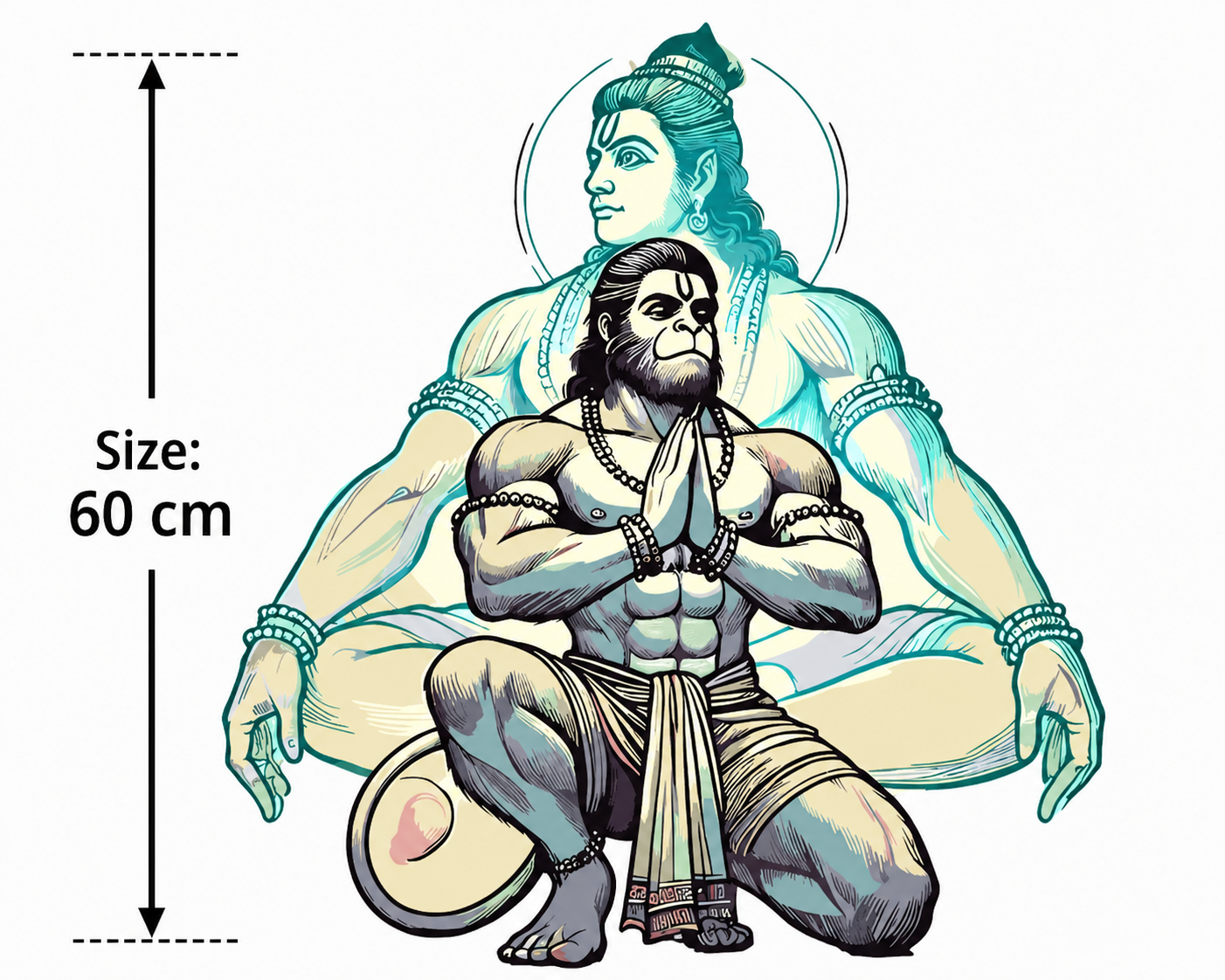 Illustration of a Hanuman with measurements indicating a size of 60 cm.