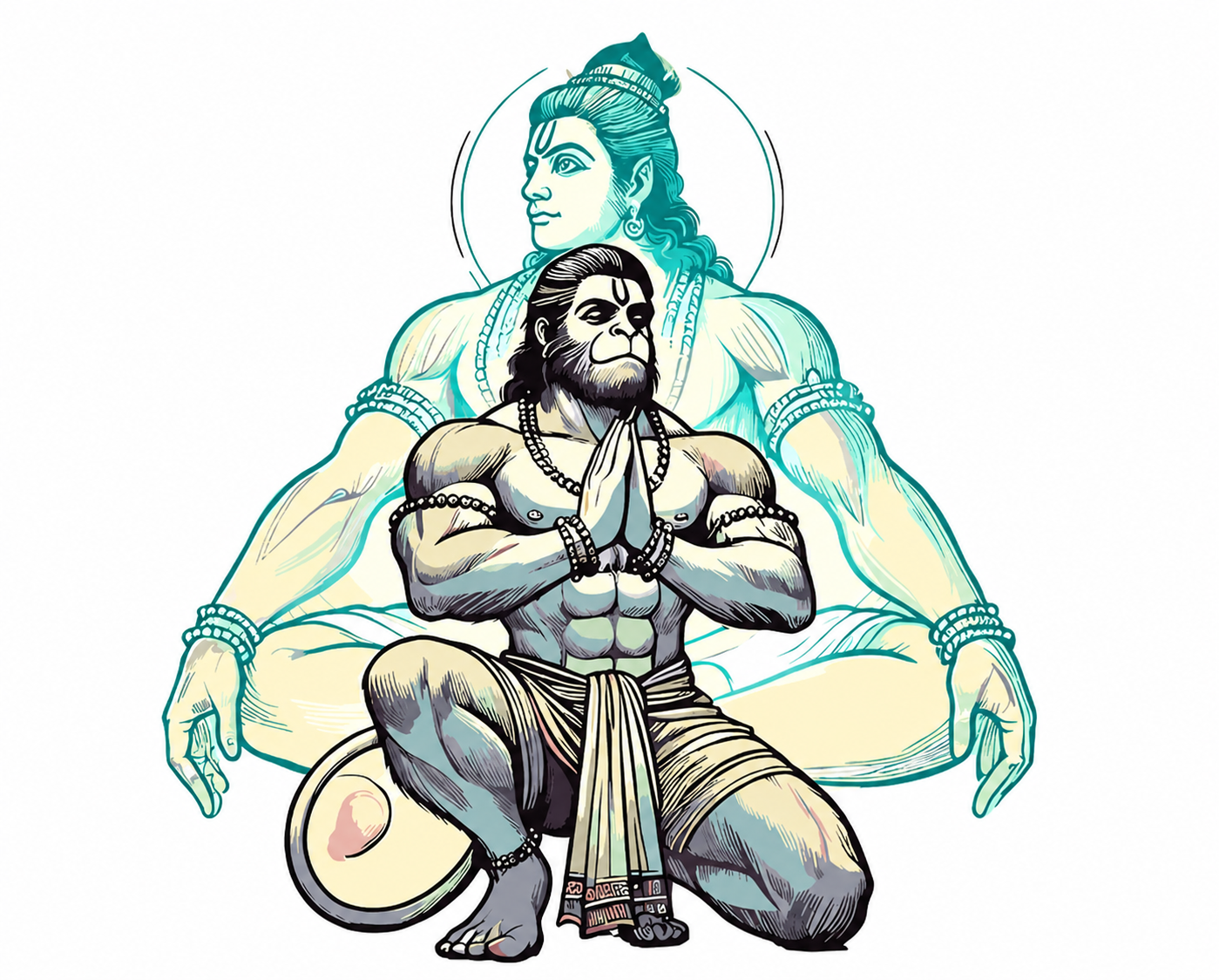 Illustration of a Hanuman with a serene expression on a white background