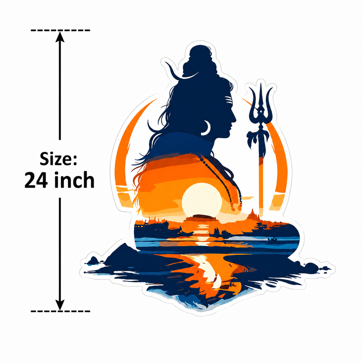 Silhouette of a Shiva with a trident against an orange sunset background, size 24 inch.