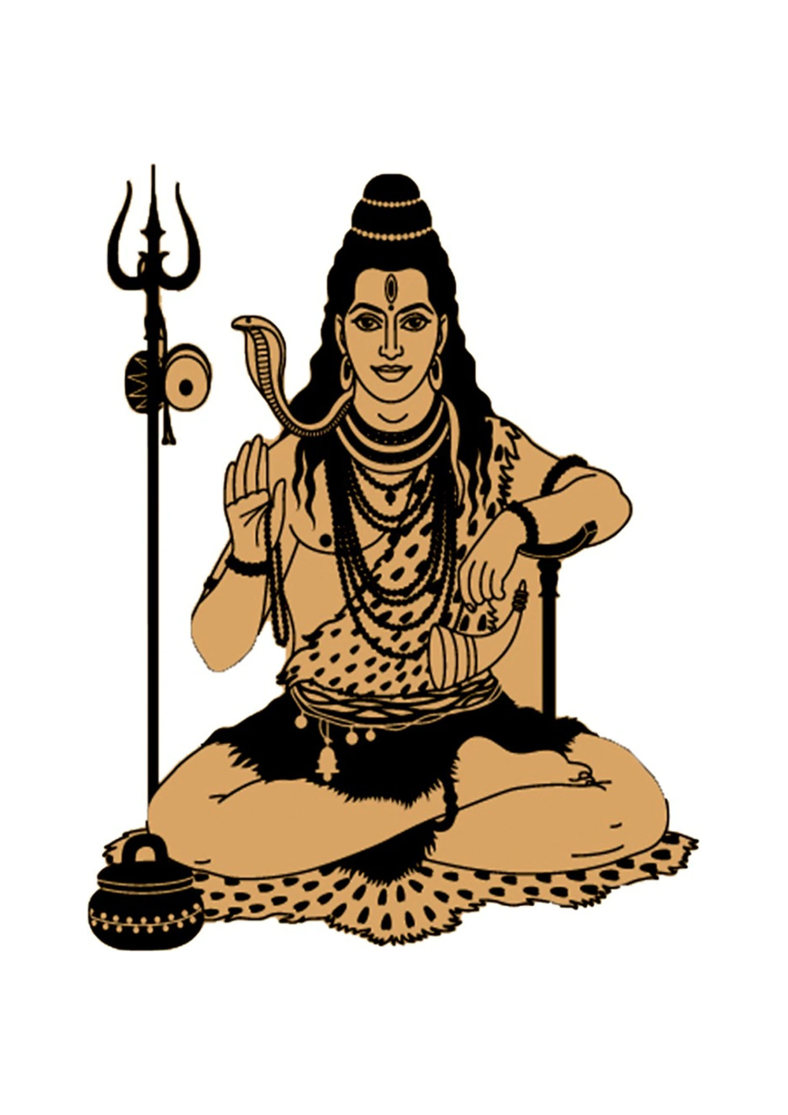 Illustration of a seated Shiva with a trident and snake, on a white background