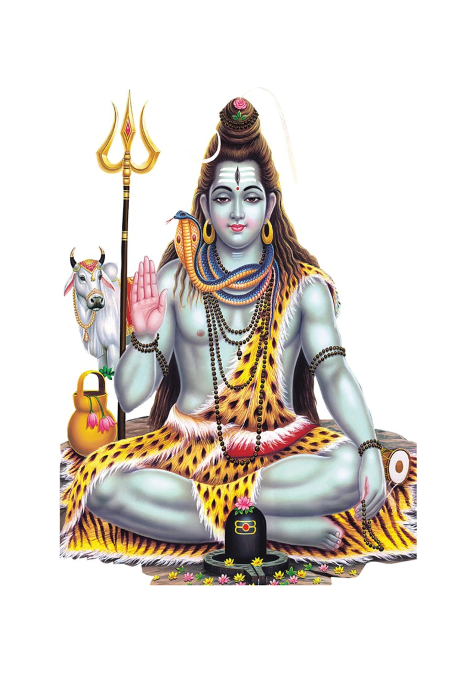 Statue of a seated Shiva with a trident, cow, and tiger on a white background