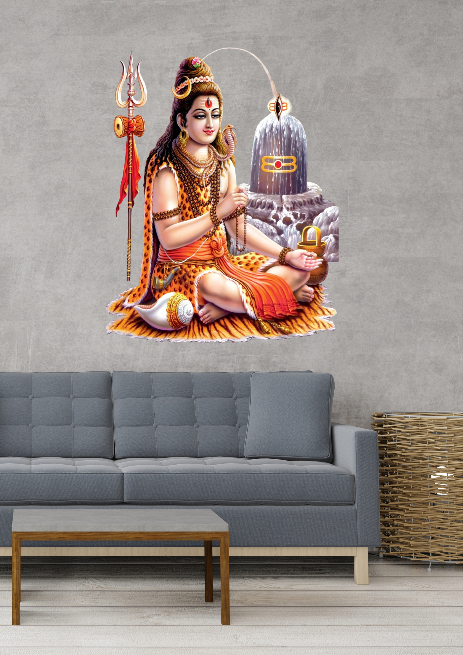 Wall decal of a seated Shiva with religious significance in a living room setting.