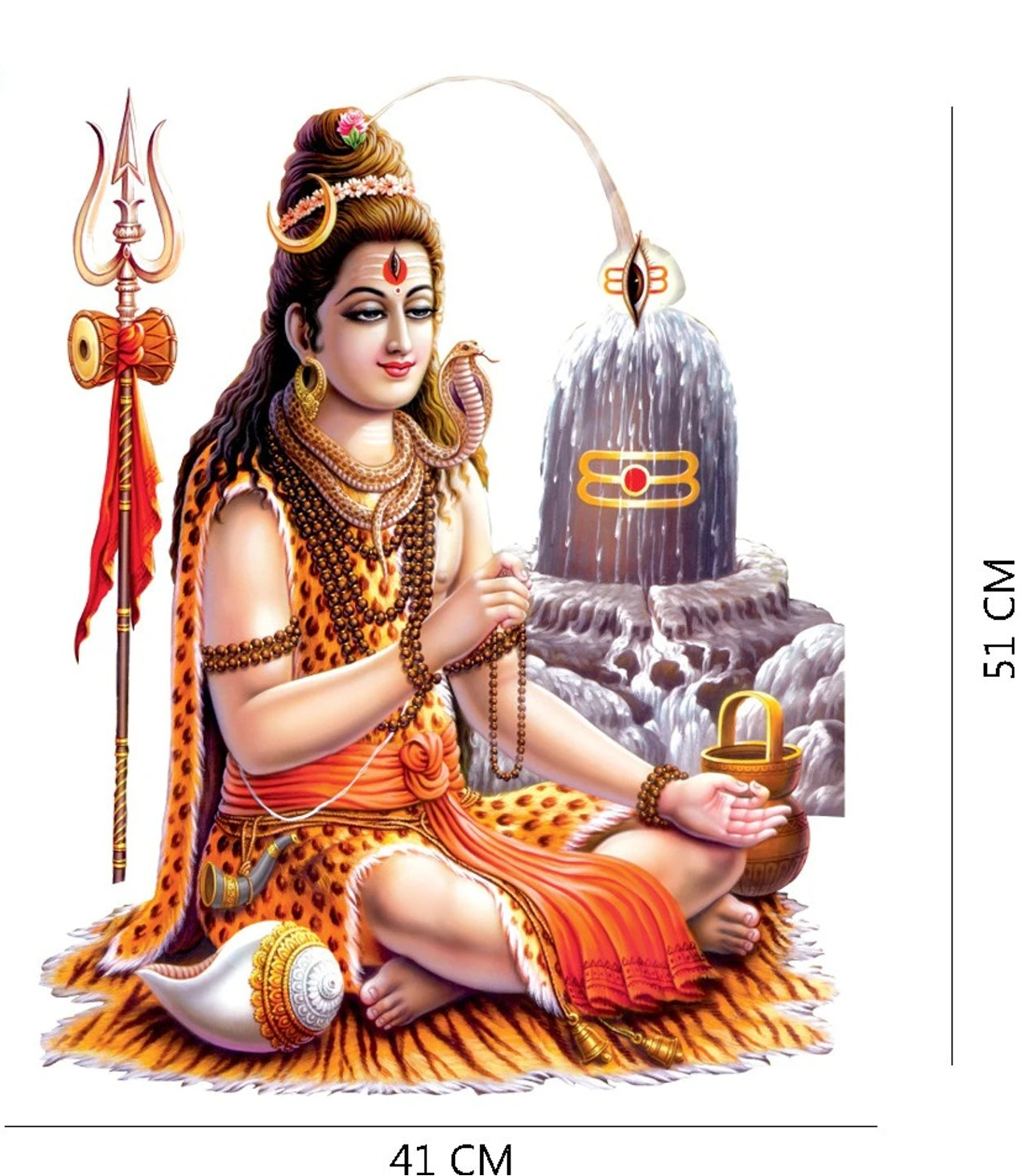 Decorative wall sticker of a seated Shiva with religious significance, featuring a trident , dimension and other elements, on a white background. 