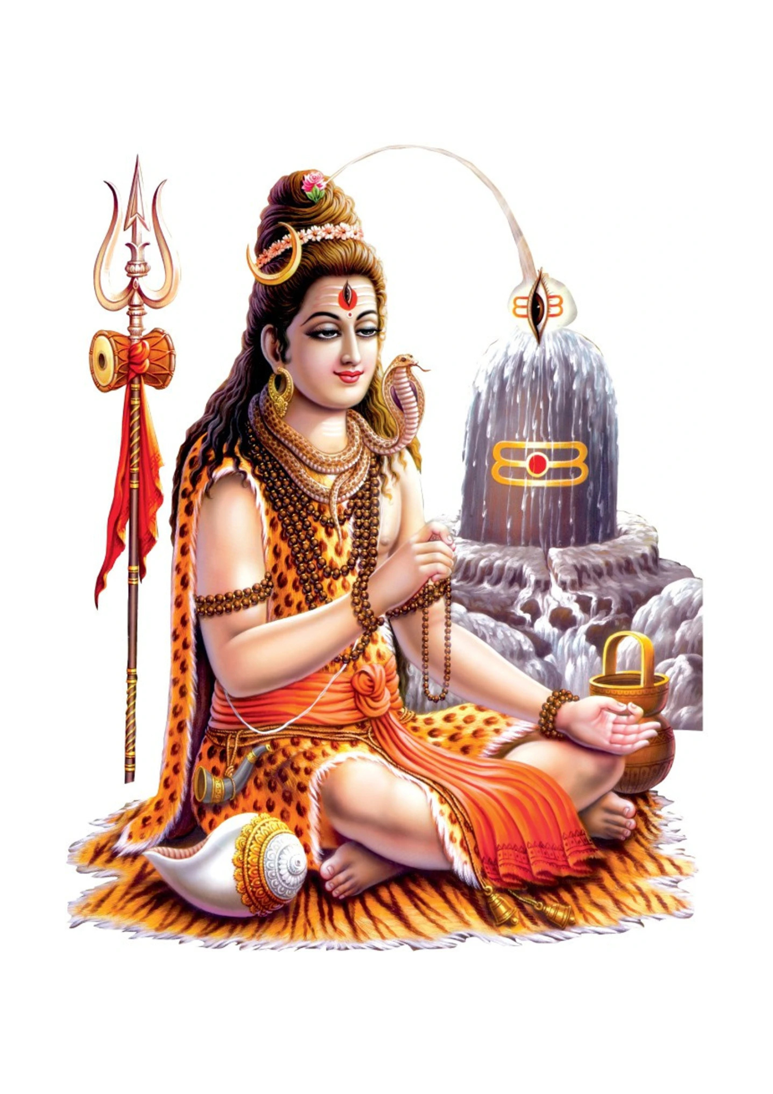 Illustration of a seated Shiva with religious symbols and attire on a white background