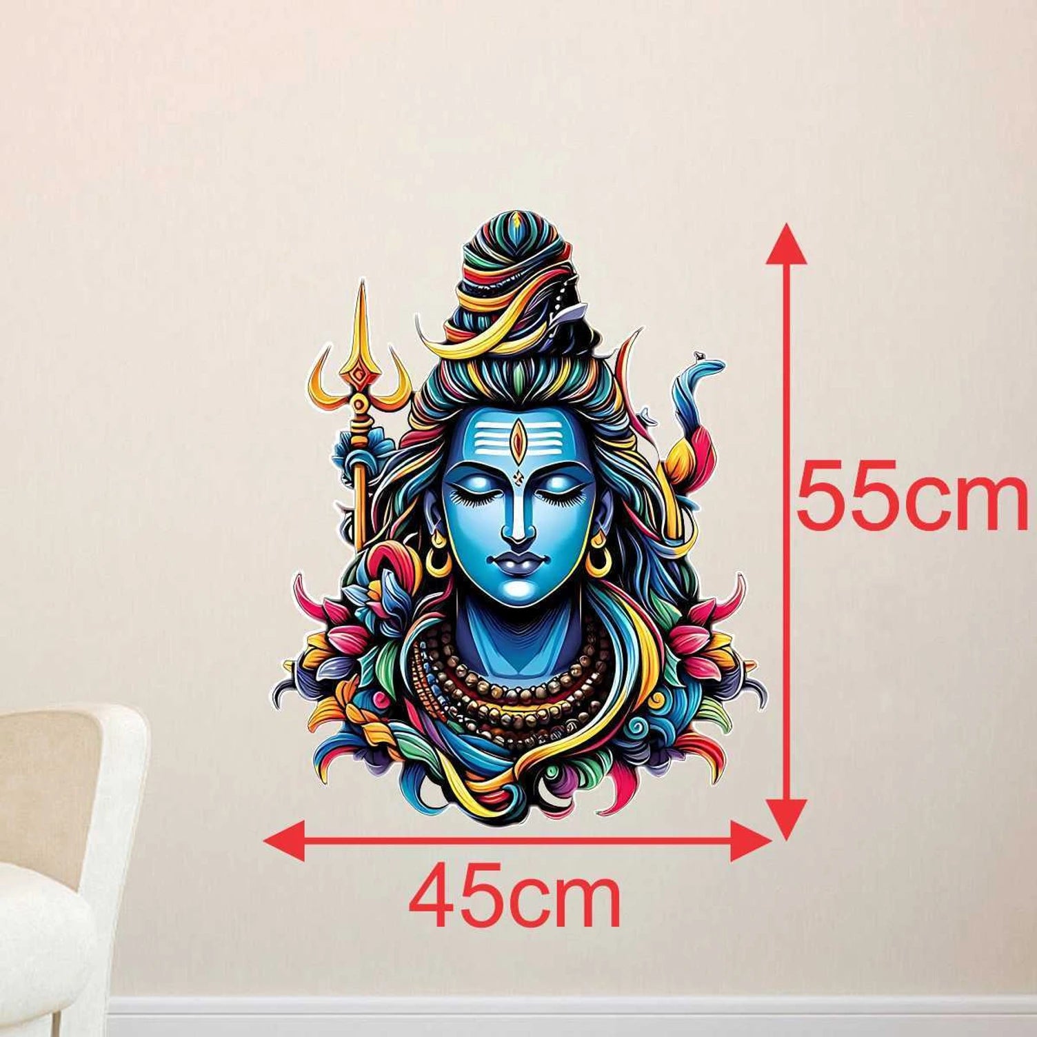 Colorful wall decal of a Shiva with dimensions on a beige wall.