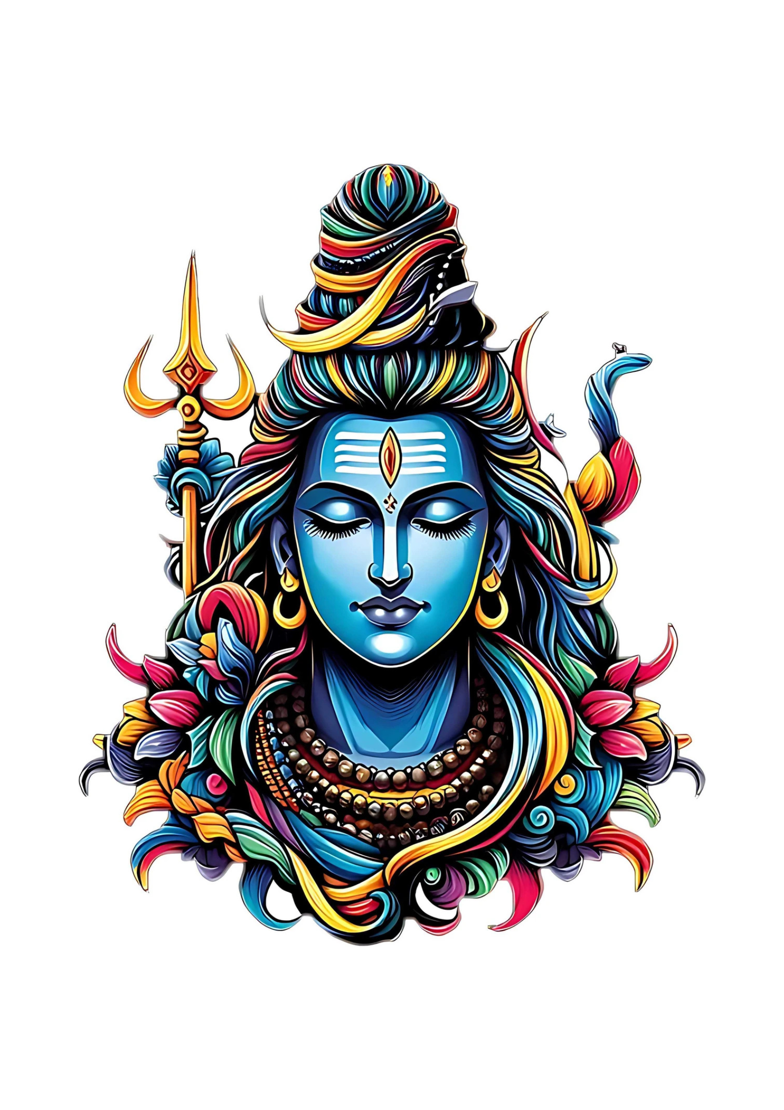 Colorful depiction of a Shiva with intricate designs on a white background
