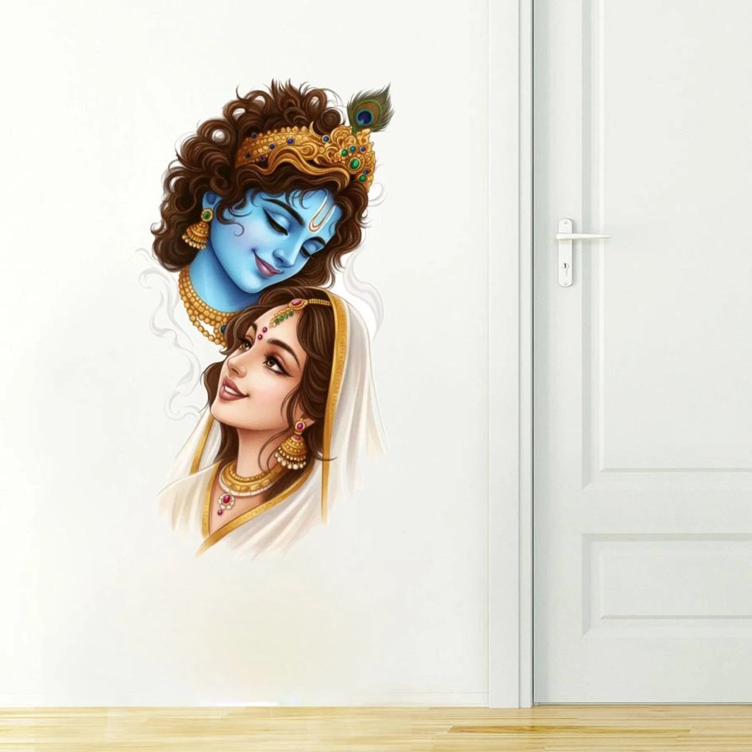 Wall decal of Radha and Krishna in Living Room on white wall.