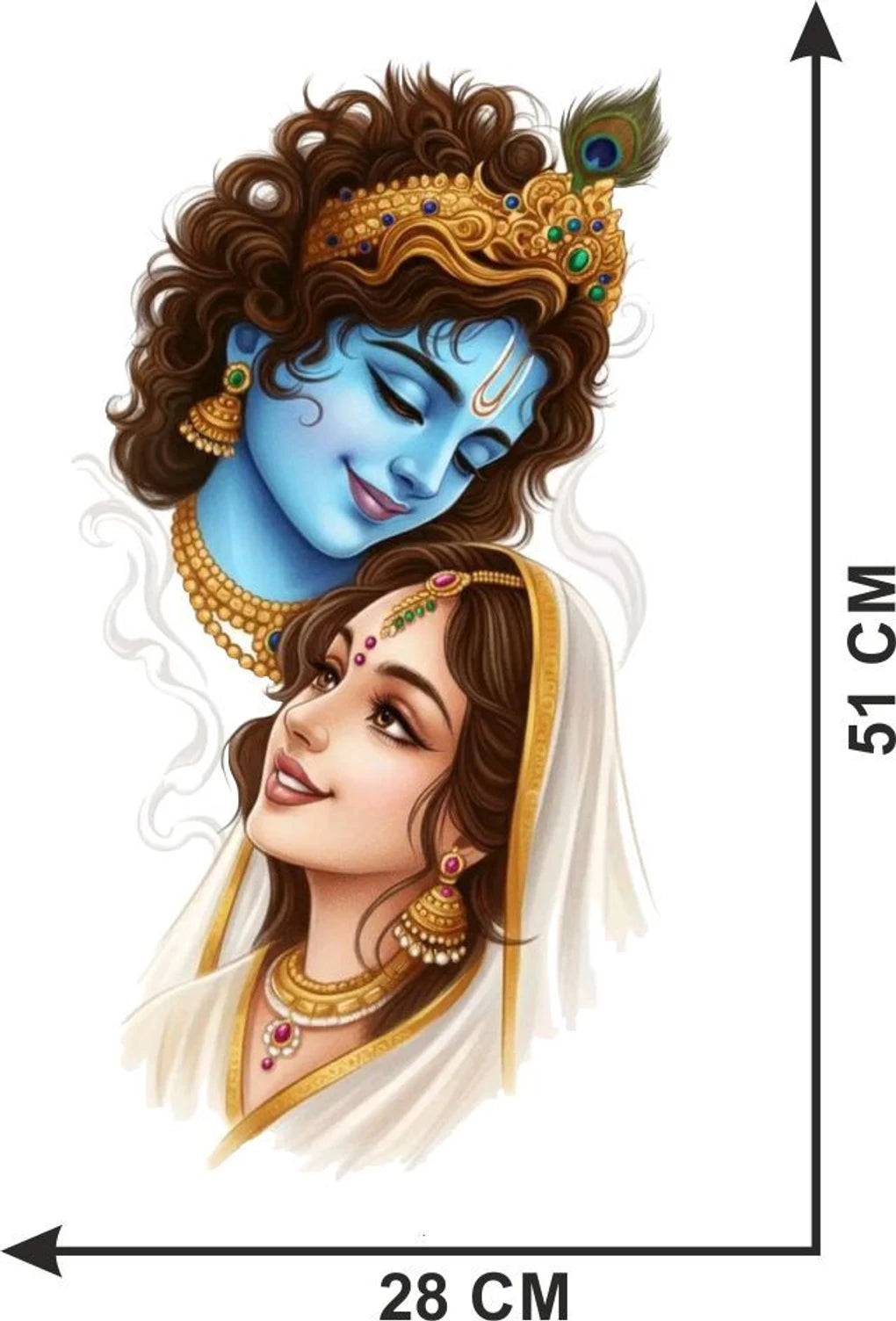 Illustration of a Radha and Krishna with traditional attire and jewellery, with dimensions indicated.