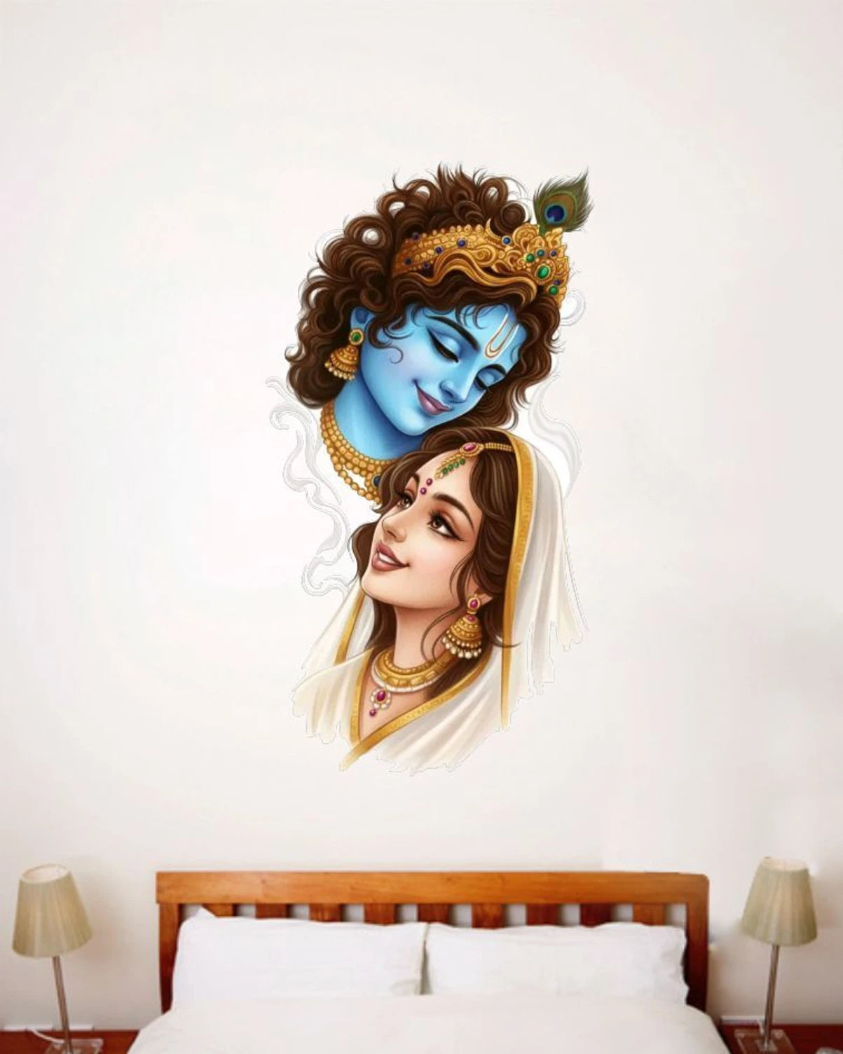 Decorative wall art of Radha and Krishna with intricate hairstyles and jewellery on a white wall.