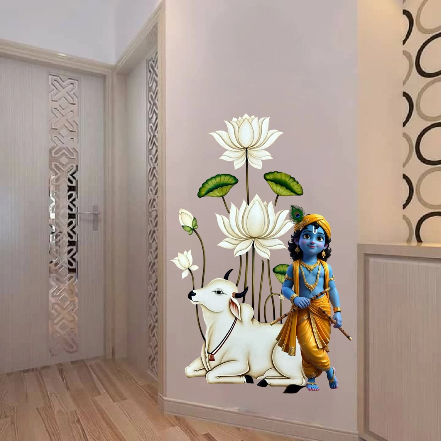 Wall decal of Krishna figure with a white Cow and lotus flowers in a room setting.