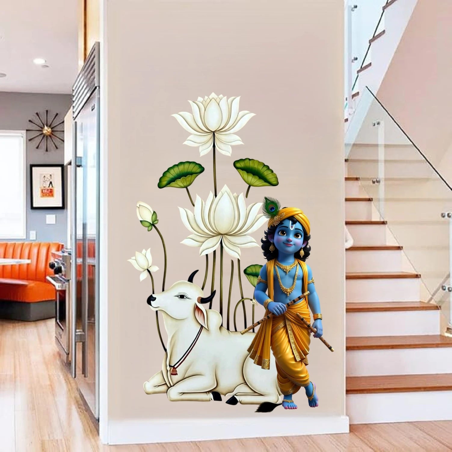 Wall decal of a Krishna with a white cow and lotus flowers in a modern living room.