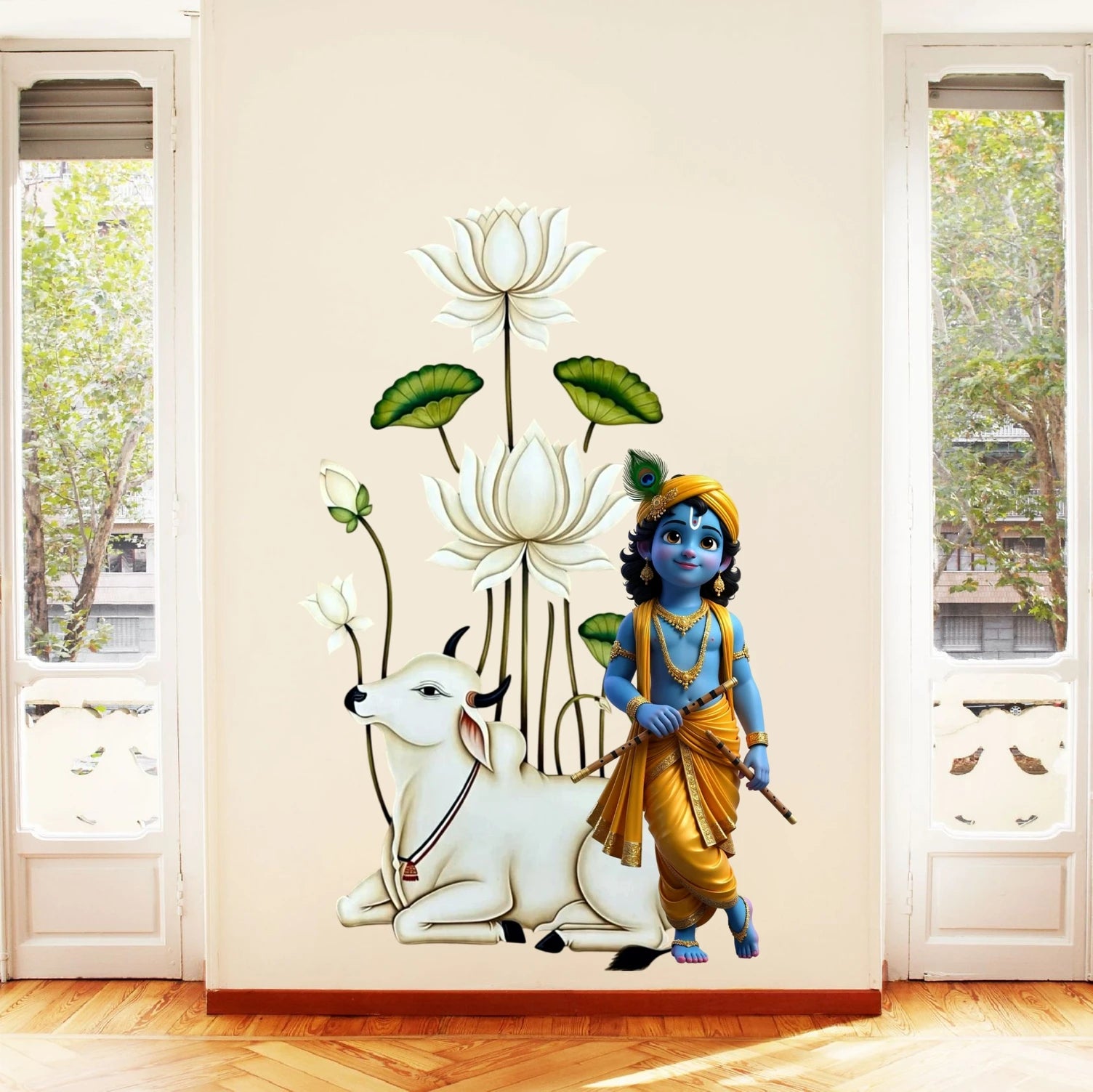 Wall decal of Krishna with a cow and lotus flowers in a room with large windows.