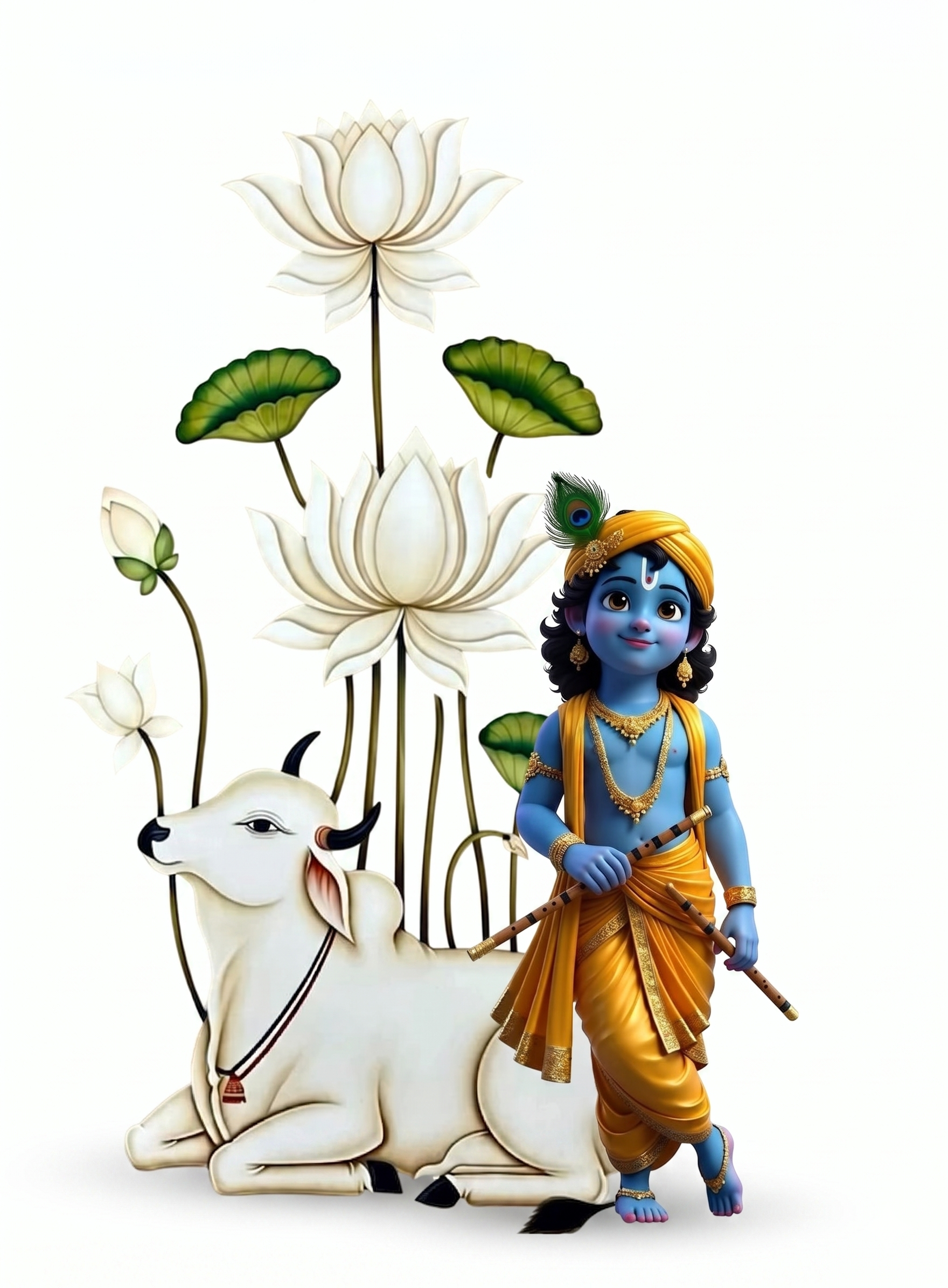 Animated character of a Krishna in yellow garment with a white cow and lotus flowers on a white background