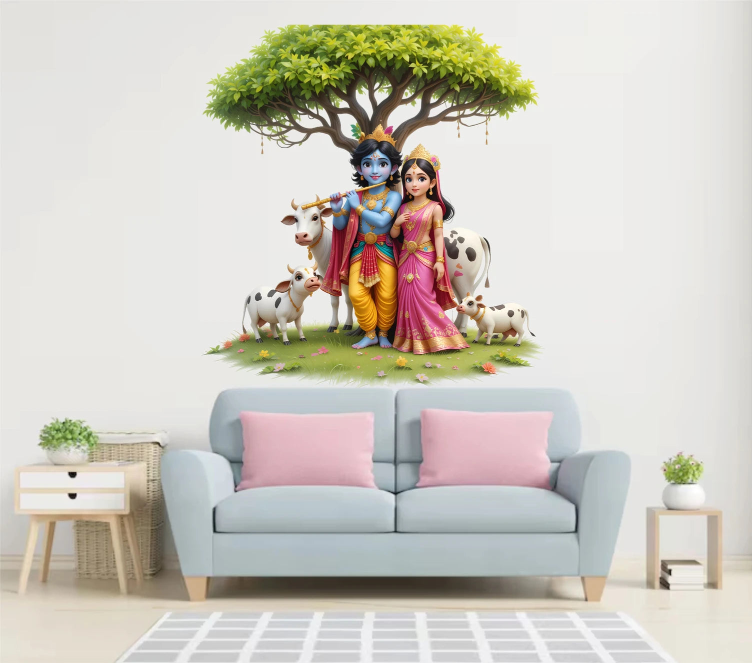 Wall mural of Radha and Krishna with cows and a tree above a light blue sofa in a living room.