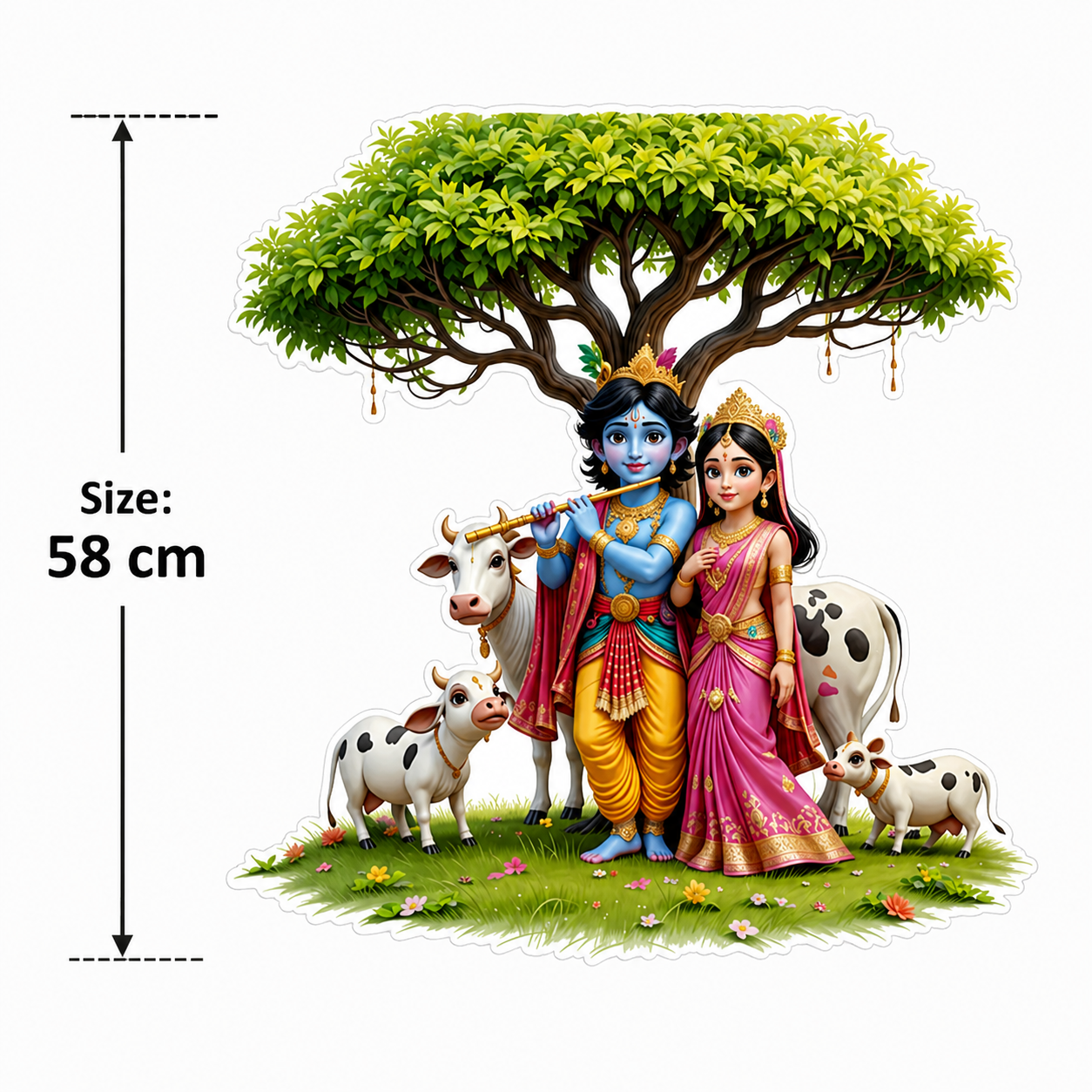 Illustration of Radha and Krishna with cows under a tree, with a size measurement label.